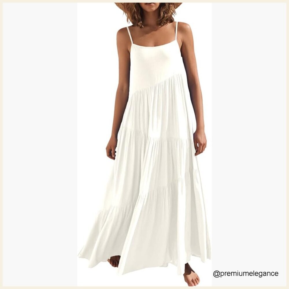 Loose Fit Maxi Dress with Spaghetti Straps, V-Neck, Flowy Swing Hem